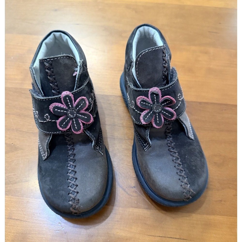 Umi Leather Hook & Loop Gray/Pink Flower Ankle Boots Unisex Kids US 8